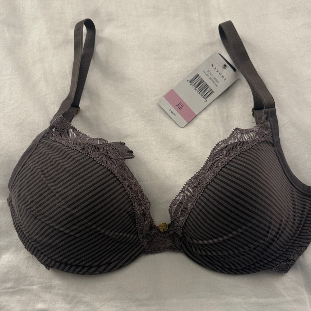 Natori Women's Lace Trim Striped Bra - Dark Gray/lilac size 32D NWT
